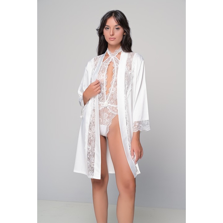 Νυφικό Σετ Δαντελένιο Κορμάκι και Σατέν Ρόμπα - Ιβουάρ