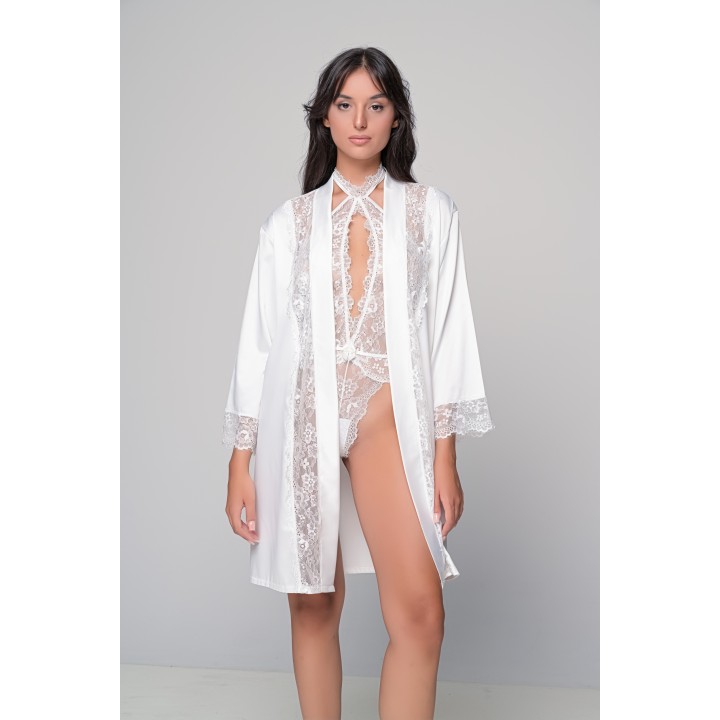 Νυφικό Σετ Δαντελένιο Κορμάκι και Σατέν Ρόμπα - Ιβουάρ