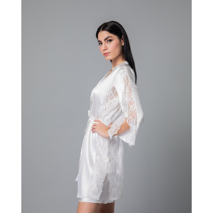 Νυφική Σατέν Ρόμπα με Δαντέλα - Λευκό