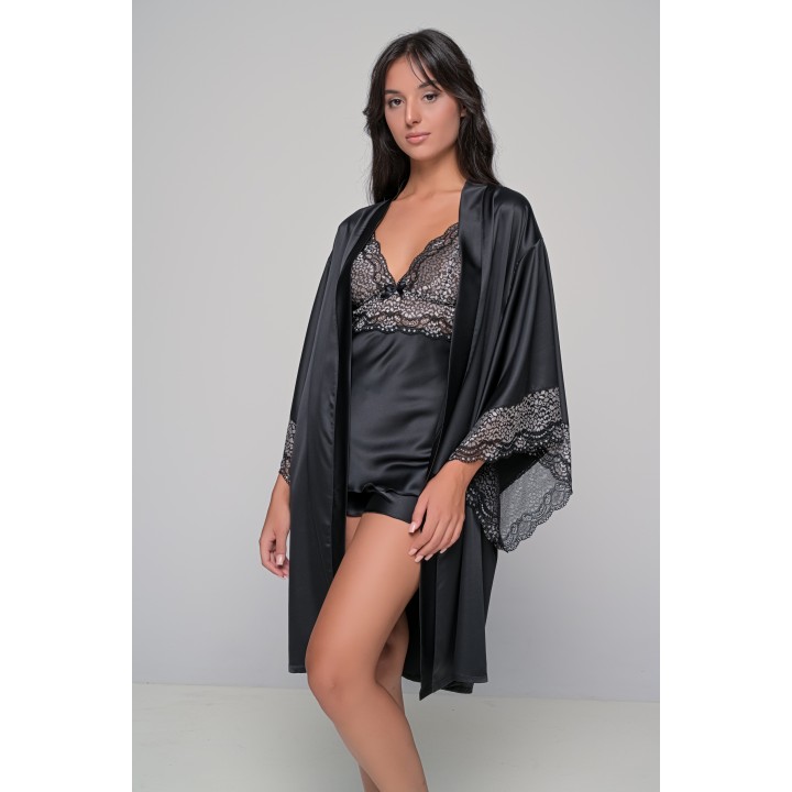 Σατέν Σετ Babydoll και Ρόμπα - Μαύρο