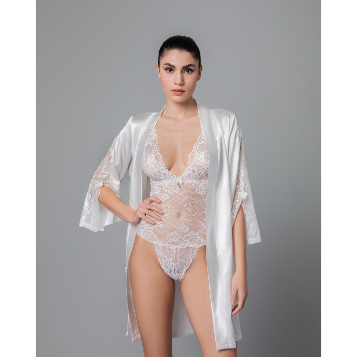 Νυφική Σατέν Ρόμπα με Δαντέλα - Λευκό
