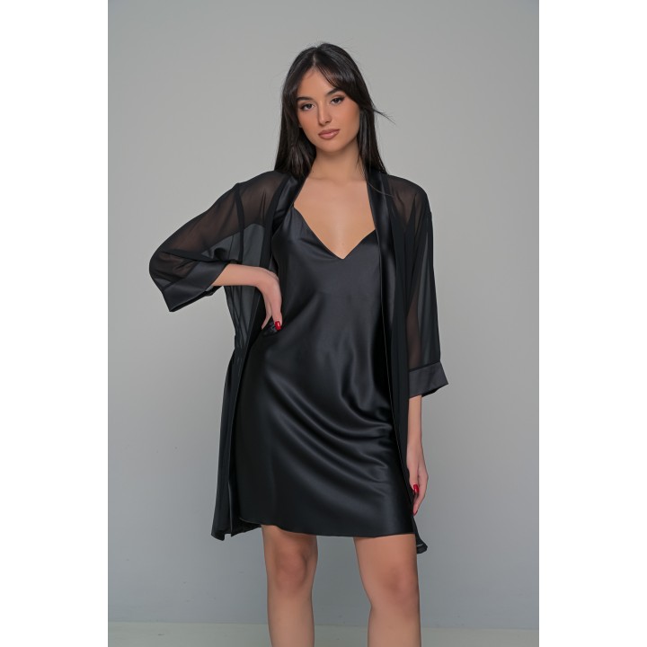 Σατέν Nightdress Σετ με String - Μαύρο