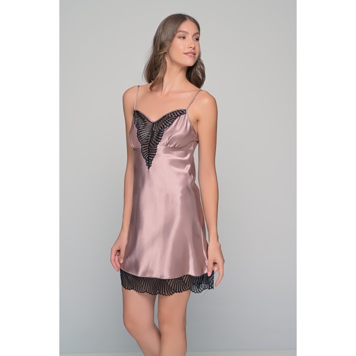 Σατέν Νυχτικό με Δαντέλα Σετ με String - Μόκκα-μαύρο