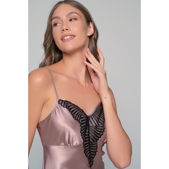 Σατέν Νυχτικό με Δαντέλα Σετ με String - Μόκκα-μαύρο