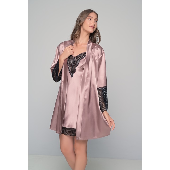 Σατέν Νυχτικό με Δαντέλα Σετ με String - Μόκκα-μαύρο