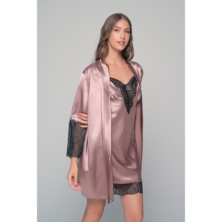 Σατέν Νυχτικό με Δαντέλα Σετ με String - Μόκκα-μαύρο