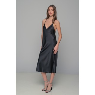 Μάξι Σατέν Φόρεμα Σετ με String - Μαύρο