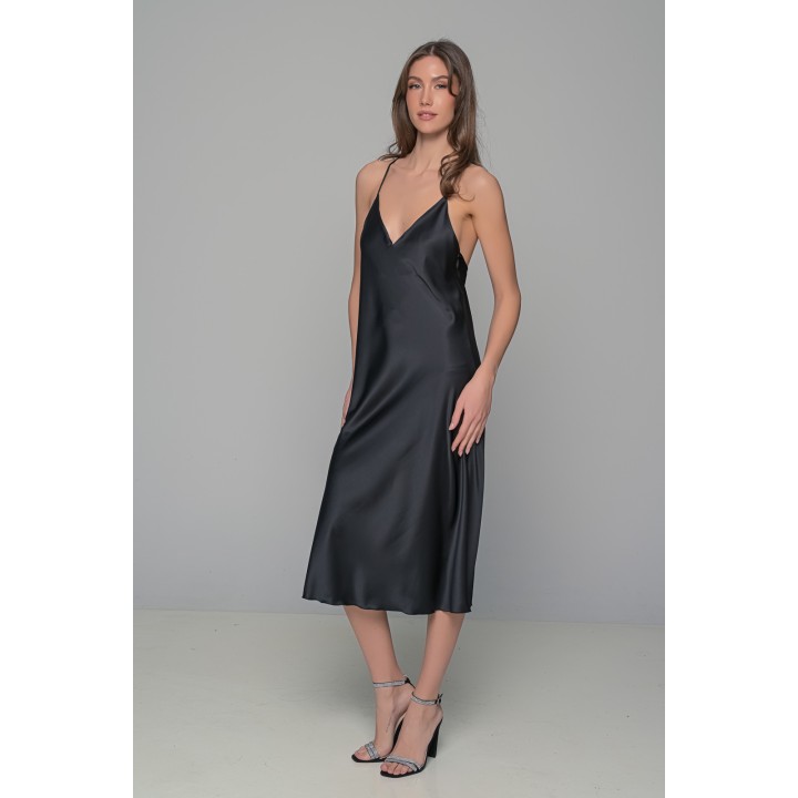 Μάξι Σατέν Φόρεμα Σετ με String - Μαύρο