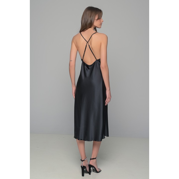 Μάξι Σατέν Φόρεμα Σετ με String - Μαύρο