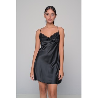 Σατέν Νυχτικό με Δαντέλα Σετ με String - Μαύρο