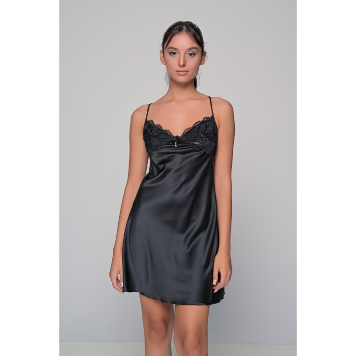 Σατέν Νυχτικό με Δαντέλα Σετ με String - Μαύρο