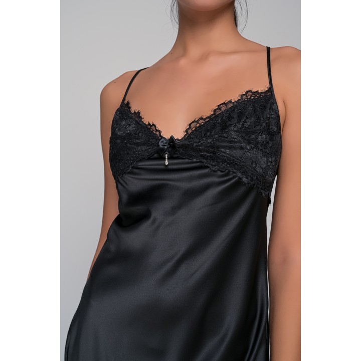Σατέν Νυχτικό με Δαντέλα Σετ με String - Μαύρο