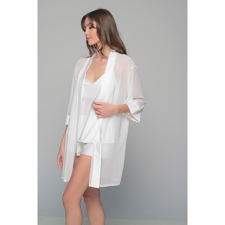 Νυφικό Σετ με Σατέν Babydoll και Ρόμπα Μουσελίνα - Ιβουάρ