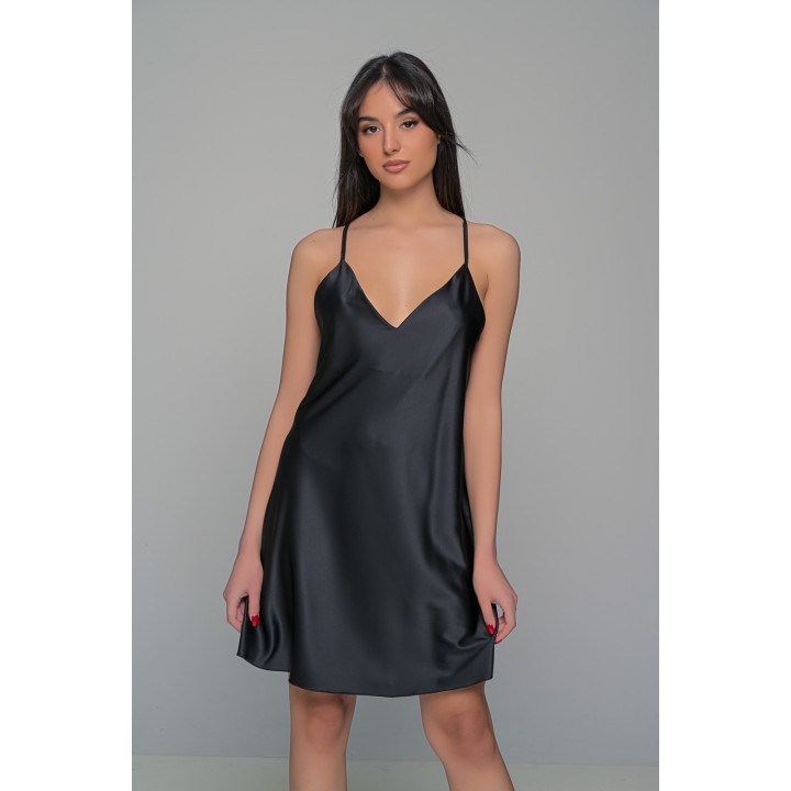 Σετ Διάφανο Κιμονό με Σατέν Νυχτικάκι και String - Μαύρο