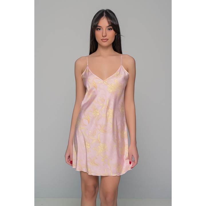 Σατέν Φλοράλ Νυχτικάκι Σετ με String - Ροζ