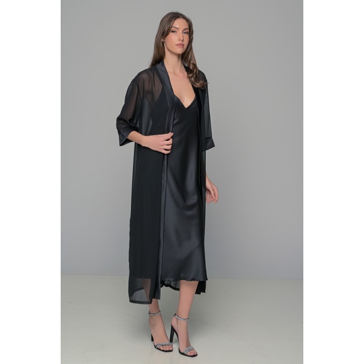 Σετ Μάξι Σατέν Φόρεμα με String και Διάφανο Κιμονό - Μαύρο
