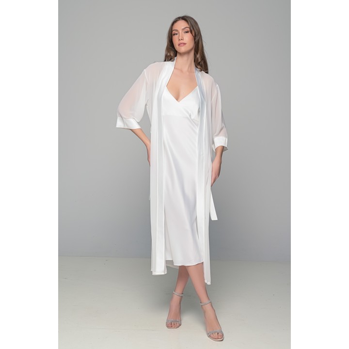 Νυφικό Σετ Μάξι Σατέν Φόρεμα με String και Διάφανο Κιμονό - Ιβουάρ