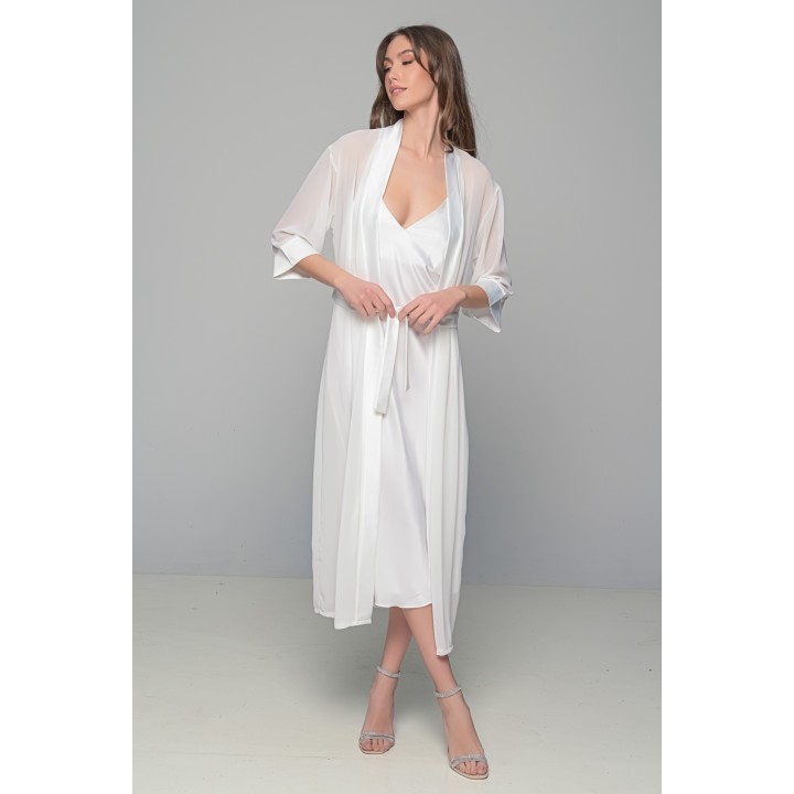 Νυφικό Σετ Μάξι Σατέν Φόρεμα με String και Διάφανο Κιμονό - Ιβουάρ