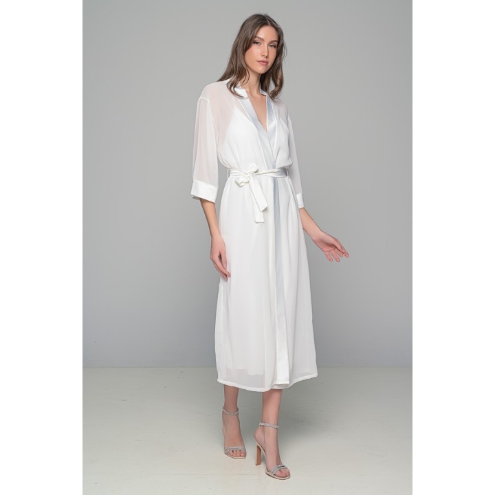 Νυφικό Σετ Μάξι Σατέν Φόρεμα με String και Διάφανο Κιμονό - Ιβουάρ