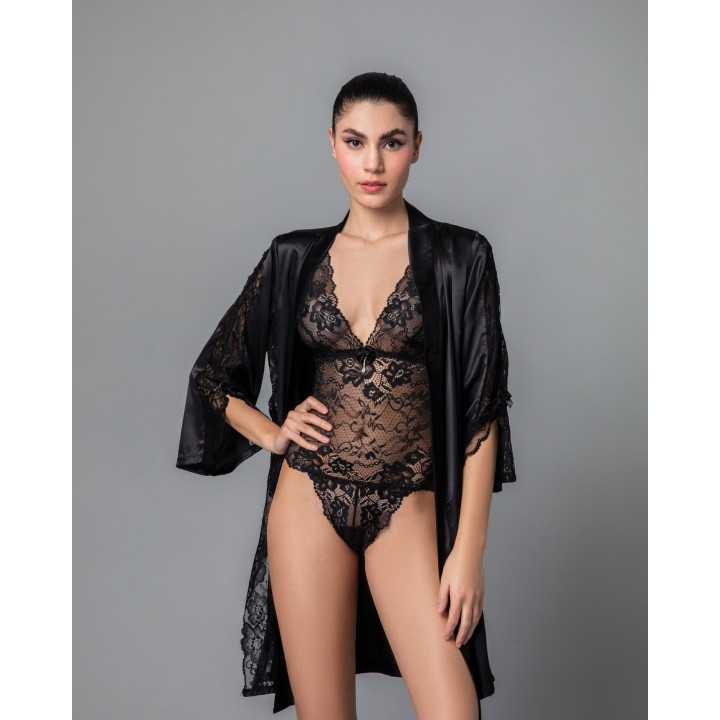 Σατέν Ρόμπα με Δαντέλα - Μαύρο