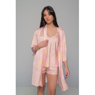 Σατέν Φλοράλ Σετ Babydoll με Ρόμπα - Ροζ