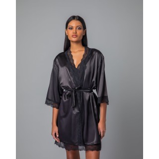 Σατέν Ρόμπα με Δαντέλα - Μαύρο
