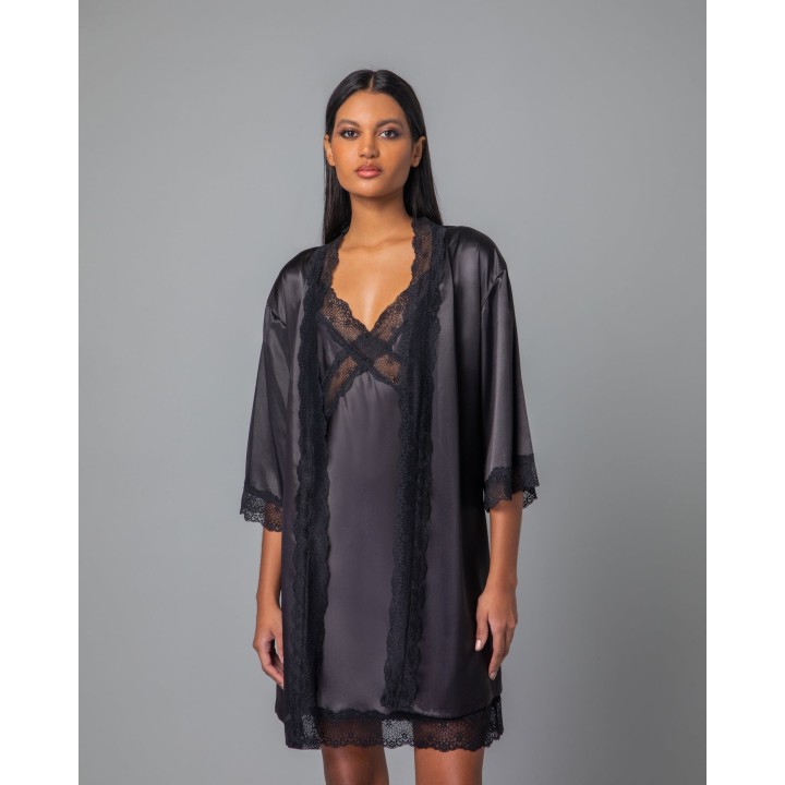Σατέν Ρόμπα με Δαντέλα - Μαύρο