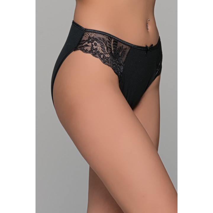 High Leg Σλιπ Ύφασμα Ριπ με Δαντέλα - Μαύρο