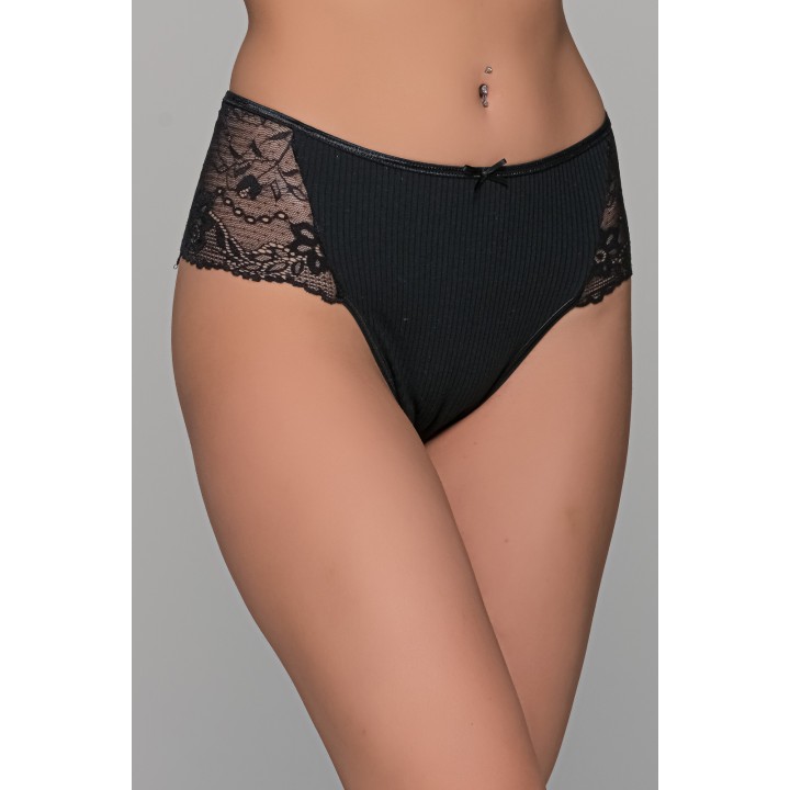 Ψηλόμεσο Σλιπ Μπικίνι Ύφασμα Ριπ και Δαντέλα - Μπεζ