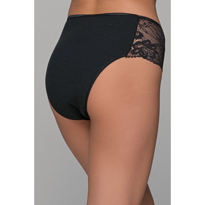 Ψηλόμεσο Σλιπ Μπικίνι Ύφασμα Ριπ και Δαντέλα - Μπεζ