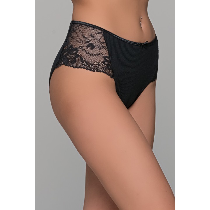 Ψηλόμεσο Σλιπ Μπικίνι Ύφασμα Ριπ και Δαντέλα - Μπεζ