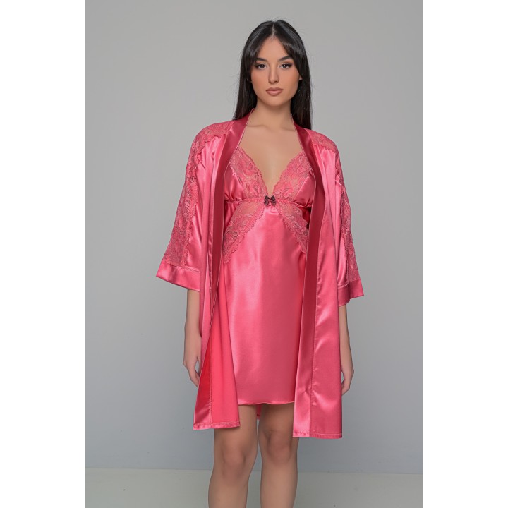 Σατέν Ρόμπα με Δαντέλα - Καρπουζί
