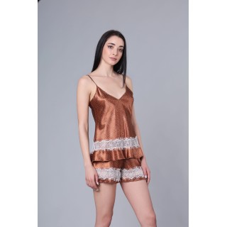 Σατέν Babydoll με Δαντέλα – Καφέ