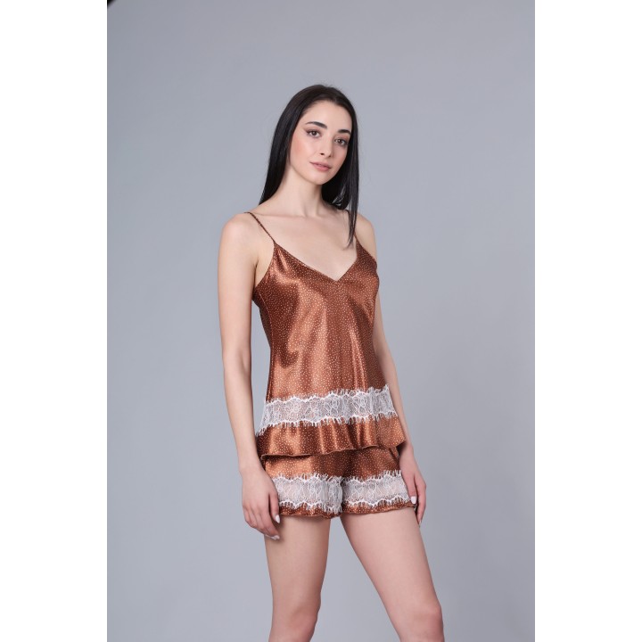 Σατέν Babydoll με Δαντέλα – Καφέ