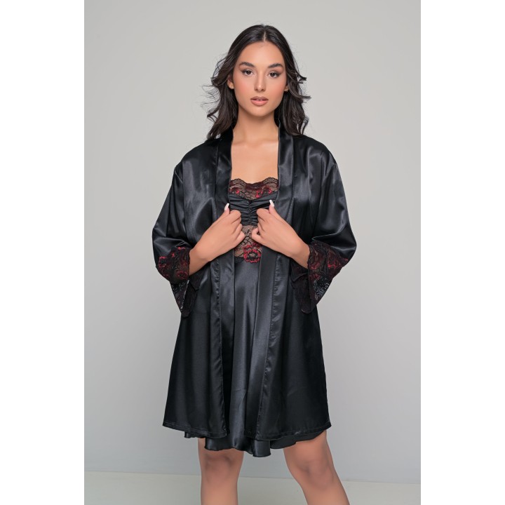Σατέν Νυχτικάκι με Δαντέλα - Μαύρο