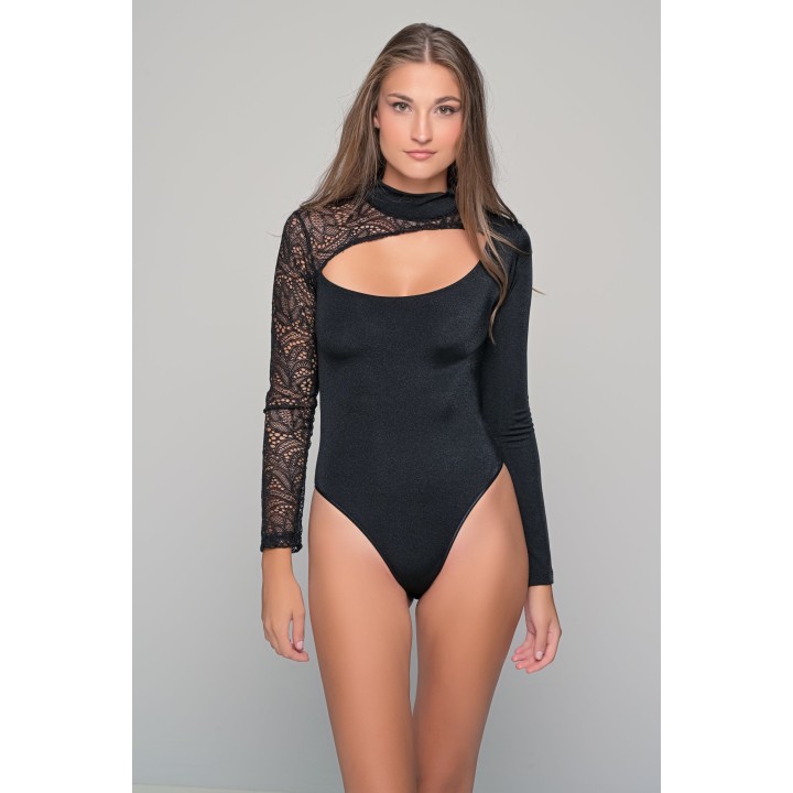 κορμάκι εξώρουχο λύκρα γυαλιστερή και δαντέλα μαυρο-μαύρο