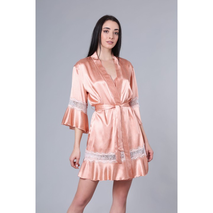 Σατέν Ρόμπα με Δαντέλα - Σομόν