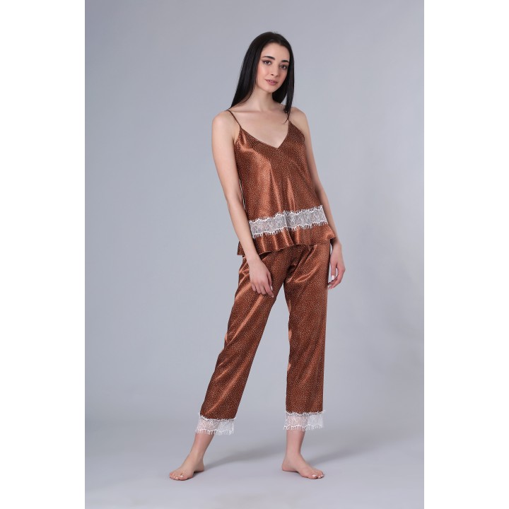 Νυφική Πυζάμα Σατέν Δαντέλα V Ντεκολτέ - Καφέ