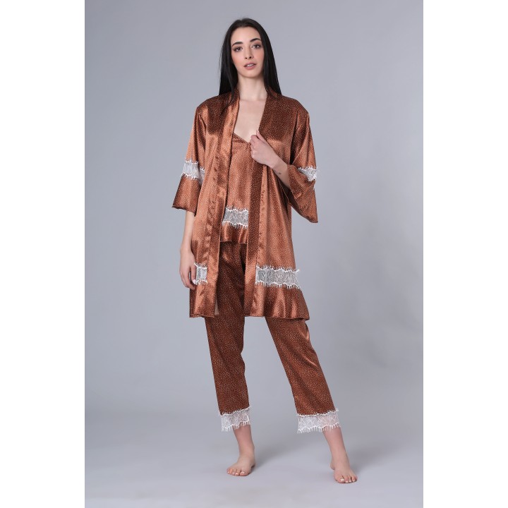 Νυφική Πυζάμα Σατέν Δαντέλα V Ντεκολτέ - Καφέ