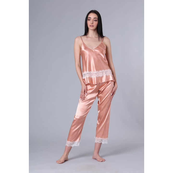 Νυφική Πυζάμα Σατέν Δαντέλα V Ντεκολτέ - Καφέ