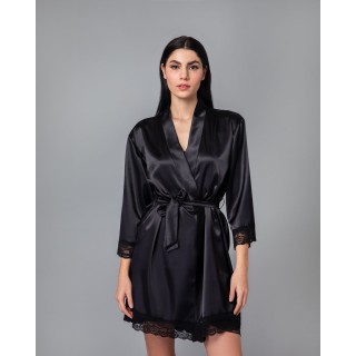 Ρόμπα Σατέν με Δαντέλα - Μαύρο