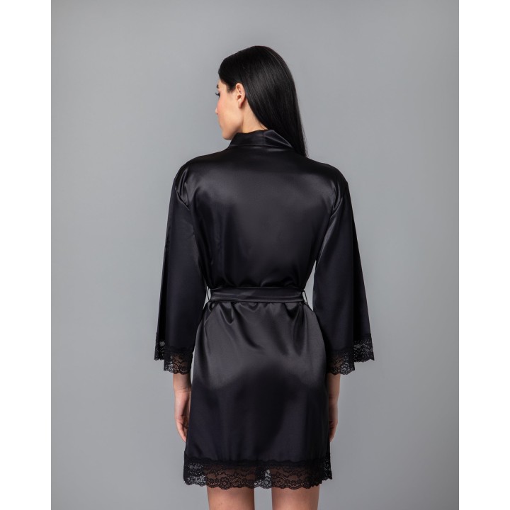 Ρόμπα Σατέν με Δαντέλα - Μαύρο