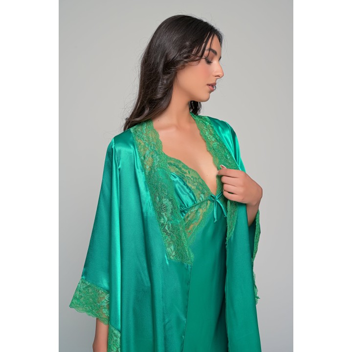 Σατέν Νυχτικάκι με Δαντέλα - Πράσινο