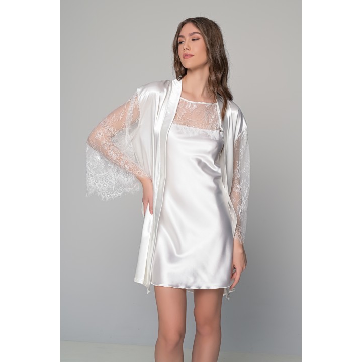 Σατέν Νυχτικάκι με Δαντέλα Σετ με Σατέν String - Ιβουάρ