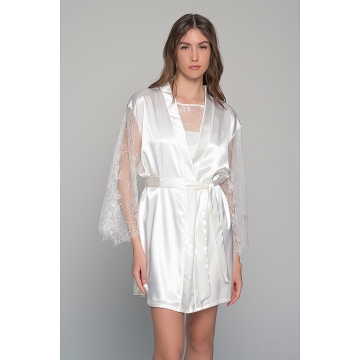 Νυφική Σατέν Ρόμπα με Δαντέλα στα Μανίκια - Ιβουάρ