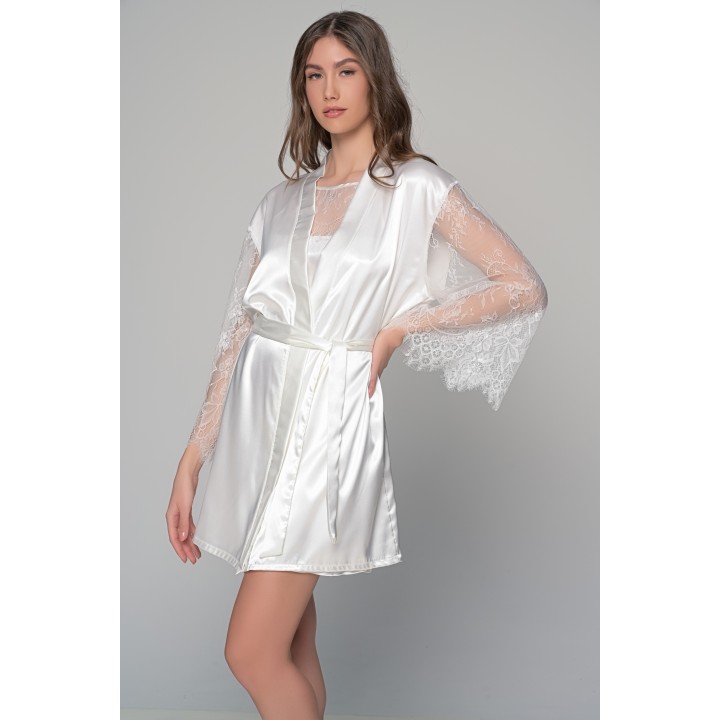 Νυφική Σατέν Ρόμπα με Δαντέλα στα Μανίκια - Ιβουάρ