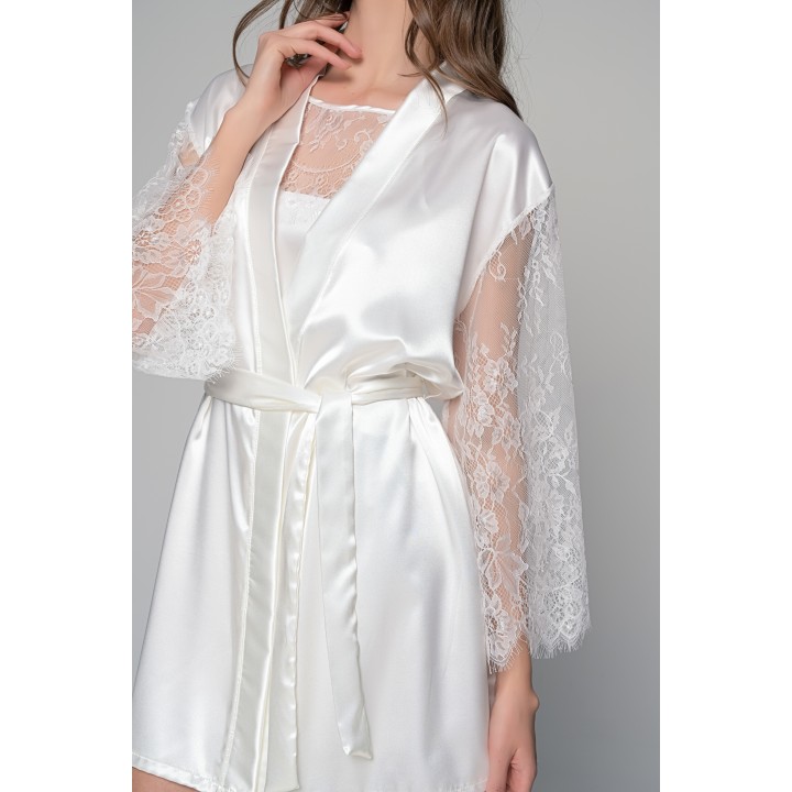 Νυφική Σατέν Ρόμπα με Δαντέλα στα Μανίκια - Ιβουάρ