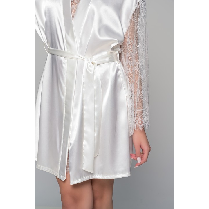 Νυφική Σατέν Ρόμπα με Δαντέλα στα Μανίκια - Ιβουάρ