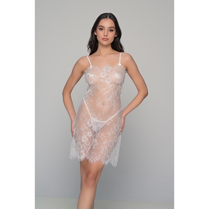 Διάφανο Νυχτικάκι Σετ με Ασορτί String - Ιβουάρ