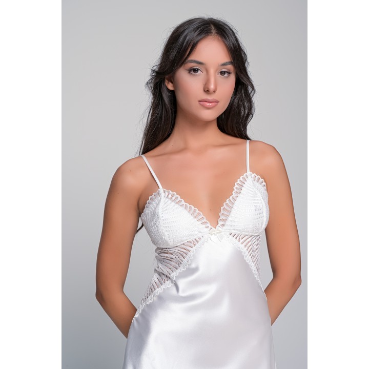Νυφικό Σατέν Νυχτικό με Δαντέλα Σετ με String - Ιβουάρ
